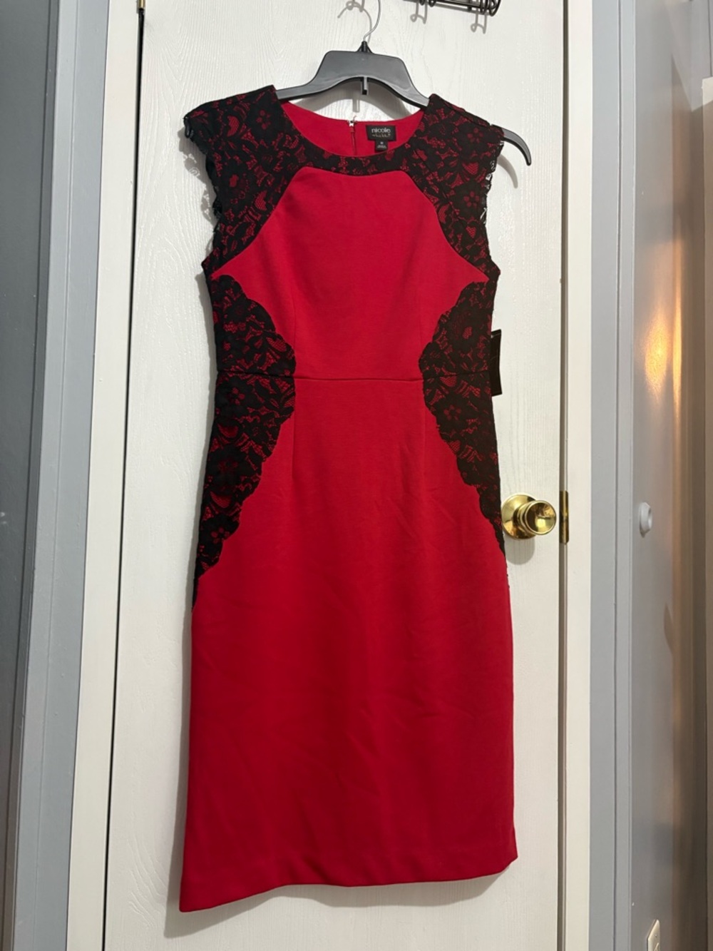 New Nicole Miller Red Sheath Dress with Black Lace Medium